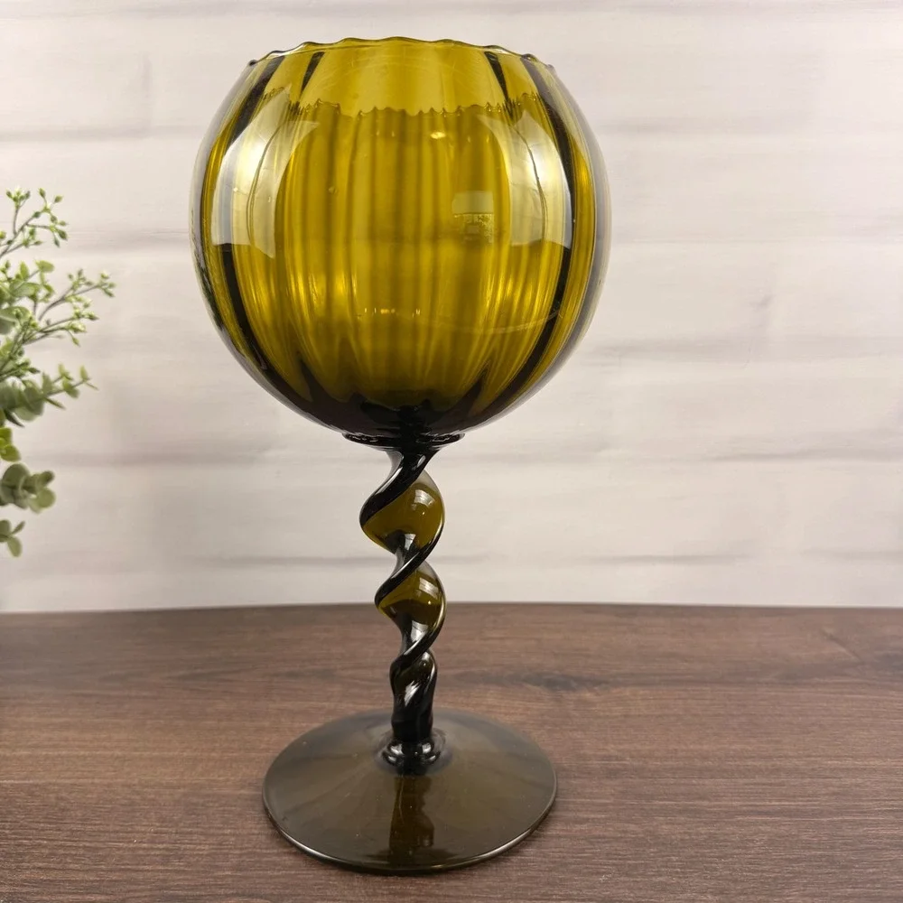 Empoli Italy Olive Green Art Glass Goblet Vase Twisted Stem MCM